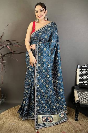 Women peacock blue vichitra silk blend bandhani & animal motifs bandhani saree