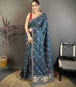 Women peacock blue vichitra silk bandhani & animal motifs bandhani saree