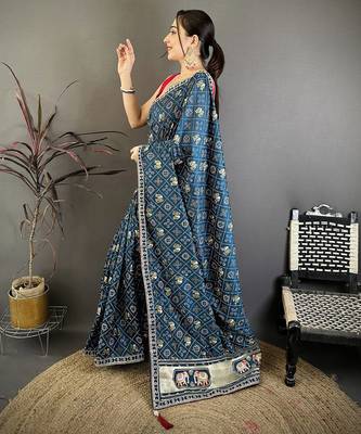 Women peacock blue vichitra silk blend bandhani & animal motifs bandhani saree 2