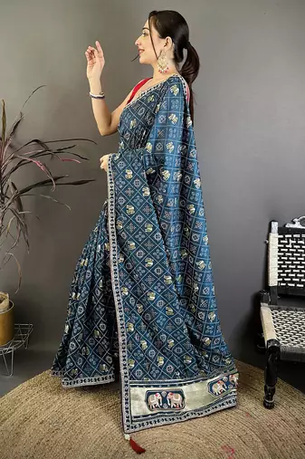Women peacock blue vichitra silk bandhani & animal motifs bandhani saree