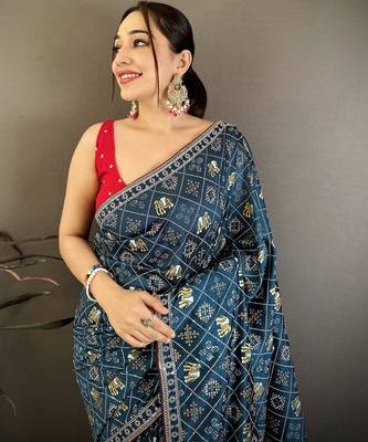 Women peacock blue vichitra silk blend bandhani & animal motifs bandhani saree 3