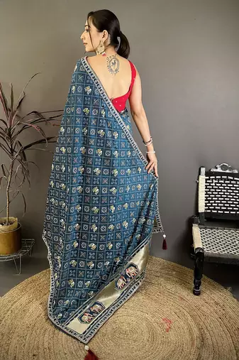 Women peacock blue vichitra silk bandhani & animal motifs bandhani saree