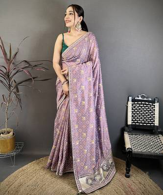 Women lavender vichitra silk blend bandhani & animal motifs bandhani saree 1