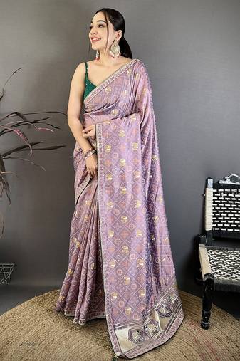 Women lavender vichitra silk bandhani & animal motifs bandhani saree