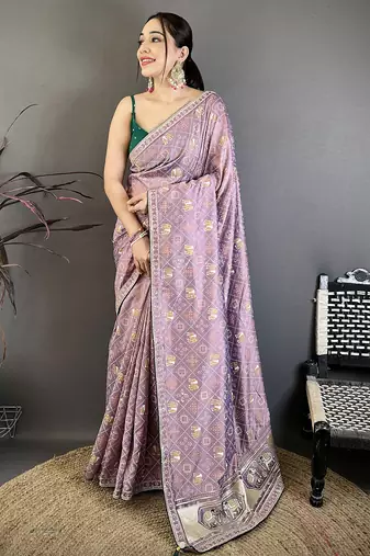 Women lavender vichitra silk bandhani & animal motifs bandhani saree