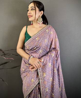 Women lavender vichitra silk blend bandhani & animal motifs bandhani saree 3