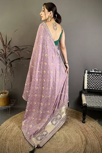 Women lavender vichitra silk bandhani & animal motifs bandhani saree