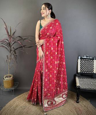 Women hot pink vichitra silk blend bandhani & animal motifs bandhani saree 1