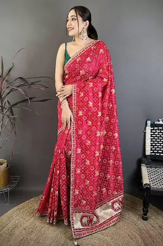 Women hot pink vichitra silk bandhani & animal motifs bandhani saree