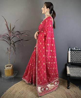 Women hot pink vichitra silk blend bandhani & animal motifs bandhani saree 2