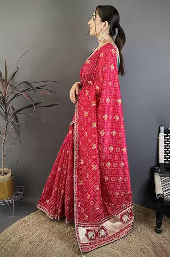 Women hot pink vichitra silk bandhani & animal motifs bandhani saree