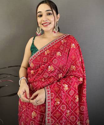 Women hot pink vichitra silk blend bandhani & animal motifs bandhani saree 3