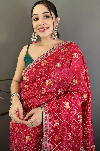 Women hot pink vichitra silk bandhani & animal motifs bandhani saree