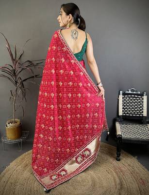 Women hot pink vichitra silk blend bandhani & animal motifs bandhani saree 4