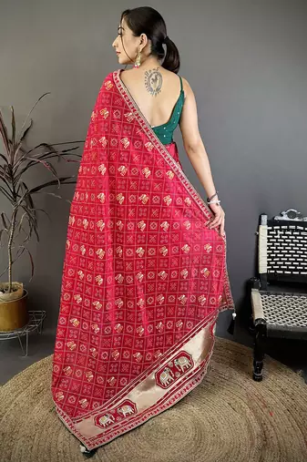Women hot pink vichitra silk bandhani & animal motifs bandhani saree