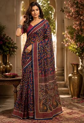 Women navy blue chanderi cotton kalamkari floral jaal ready to wear saree 1