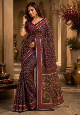 Women navy blue chanderi cotton kalamkari floral jaal ready to wear saree 2