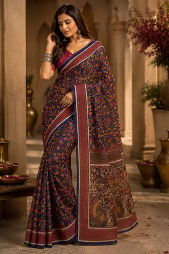 Women navy blue chanderi cotton kalamkari floral jaal ready to wear saree