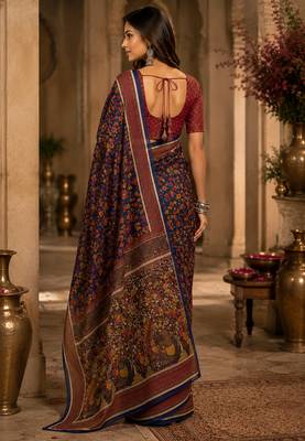 Women navy blue chanderi cotton kalamkari floral jaal ready to wear saree 3