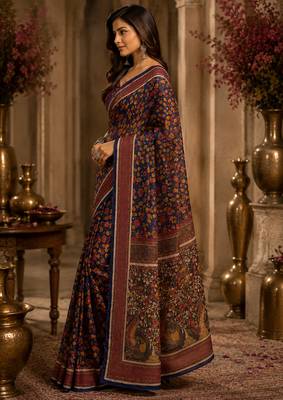 Women navy blue chanderi cotton kalamkari floral jaal ready to wear saree 4