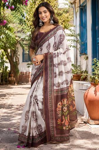 Women off white chanderi cotton floral jaal ready to wear saree