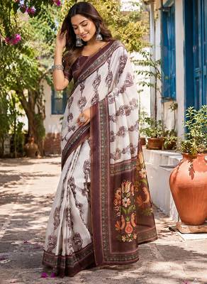 Women off white chanderi cotton floral jaal ready to wear saree 2