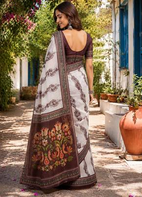Women off white chanderi cotton floral jaal ready to wear saree 3