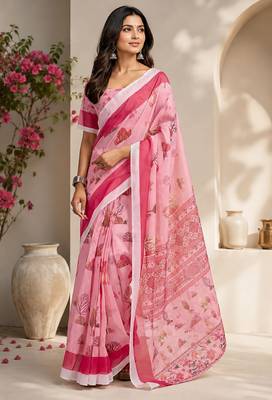 Women baby pink chanderi cotton floral ready to wear saree 1