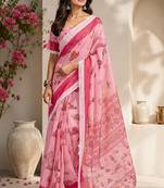 Women baby pink chanderi cotton floral ready to wear saree