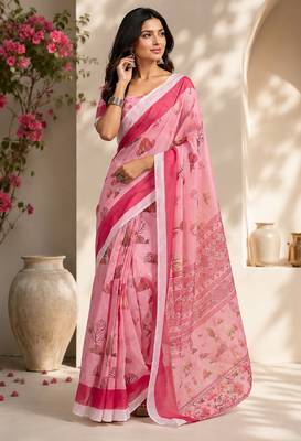 Women baby pink chanderi cotton floral ready to wear saree 2
