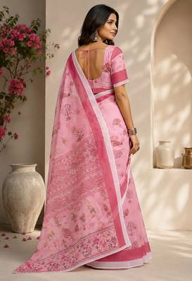 Women baby pink chanderi cotton floral ready to wear saree 3