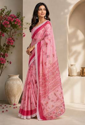 Women baby pink chanderi cotton floral ready to wear saree 4