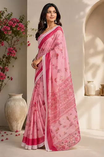 Women baby pink chanderi cotton floral ready to wear saree