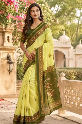 Women lemon green chanderi cotton motifs ready to wear saree