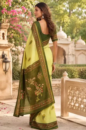 Women lemon green chanderi cotton motifs ready to wear saree