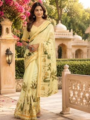 Women creamy yellow chanderi cotton floral ready to wear saree 1