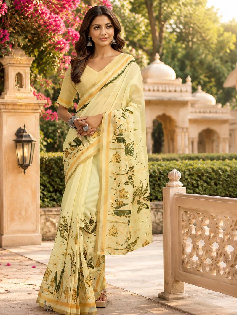 Women creamy yellow chanderi cotton floral ready to wear saree