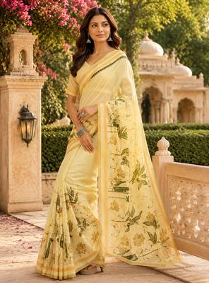 Women creamy yellow chanderi cotton floral ready to wear saree 2