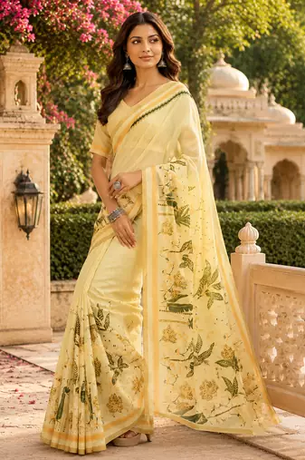 Women creamy yellow chanderi cotton floral ready to wear saree