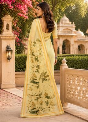Women creamy yellow chanderi cotton floral ready to wear saree 3