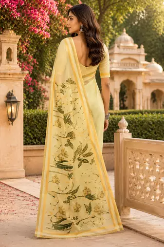 Women creamy yellow chanderi cotton floral ready to wear saree