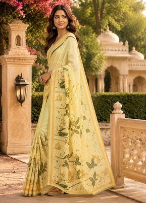 Women creamy yellow chanderi cotton floral ready to wear saree 4