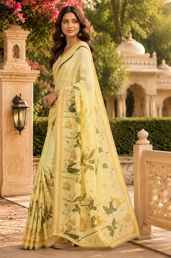 Women creamy yellow chanderi cotton floral ready to wear saree