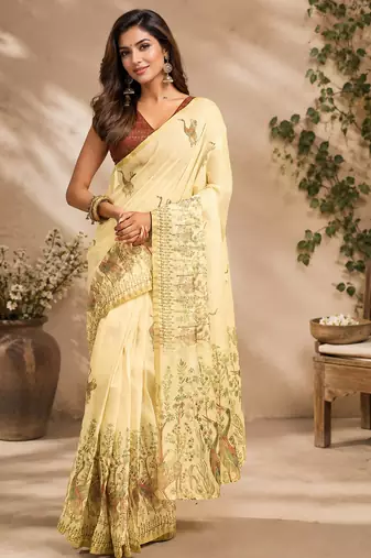 Women light beige chanderi cotton kalamkari ready to wear saree