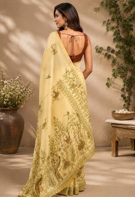 Women light beige chanderi cotton kalamkari ready to wear saree 3