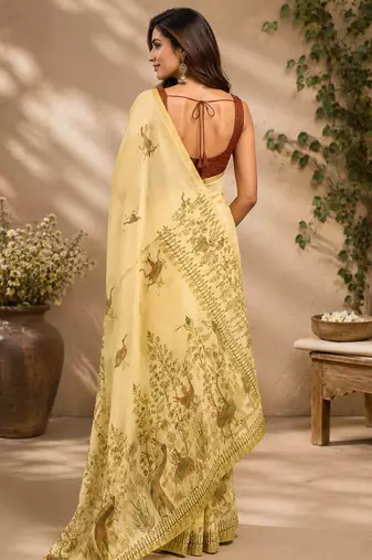 Women light beige chanderi cotton kalamkari ready to wear saree