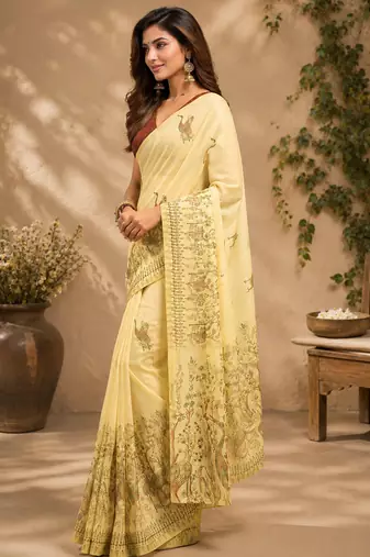 Women light beige chanderi cotton kalamkari ready to wear saree