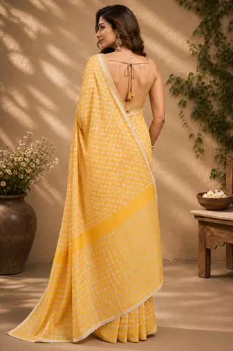 Women mustard yellow chanderi cotton checkered ready to wear saree