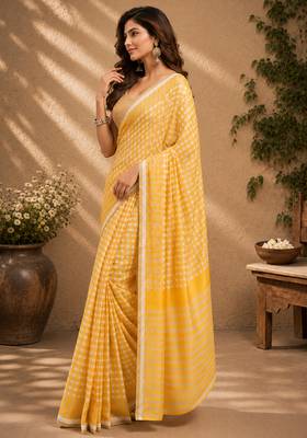 Women mustard yellow chanderi cotton checkered ready to wear saree 4