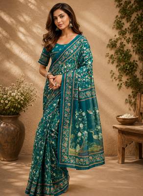 Women deep teal chanderi cotton floral jaal ready to wear saree 1
